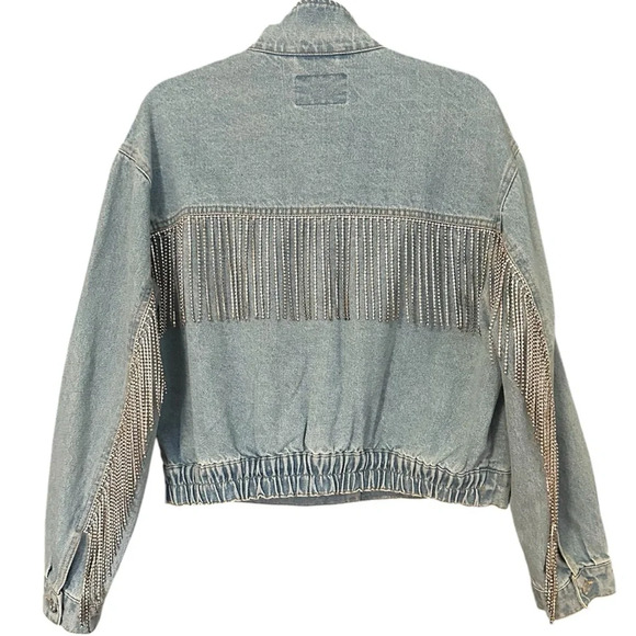 Free People Rhinestone Fringe Light Wash Denim Jean Bomber Jacket Size Small - Picture 10 of 14